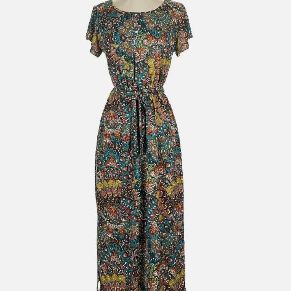 Joie De Vivre Green Print Dress‎ Women's 3X with Tie Waist Casual Summer Wear